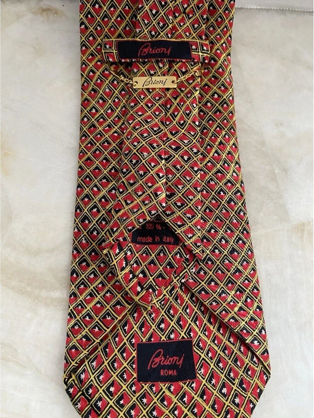 Brioni Roma Silk Tie Made in Italy Geometric Diamond Pattern Red Gold Black